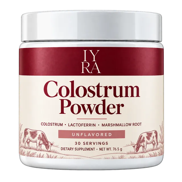 IYRA Colostrum Powder in a white tub with a cream-and-burgundy label