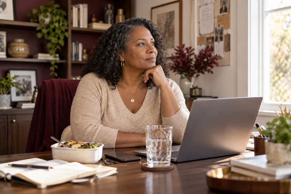 A woman pausing at her home-office desk beside a laptop, lunch container and water glass.